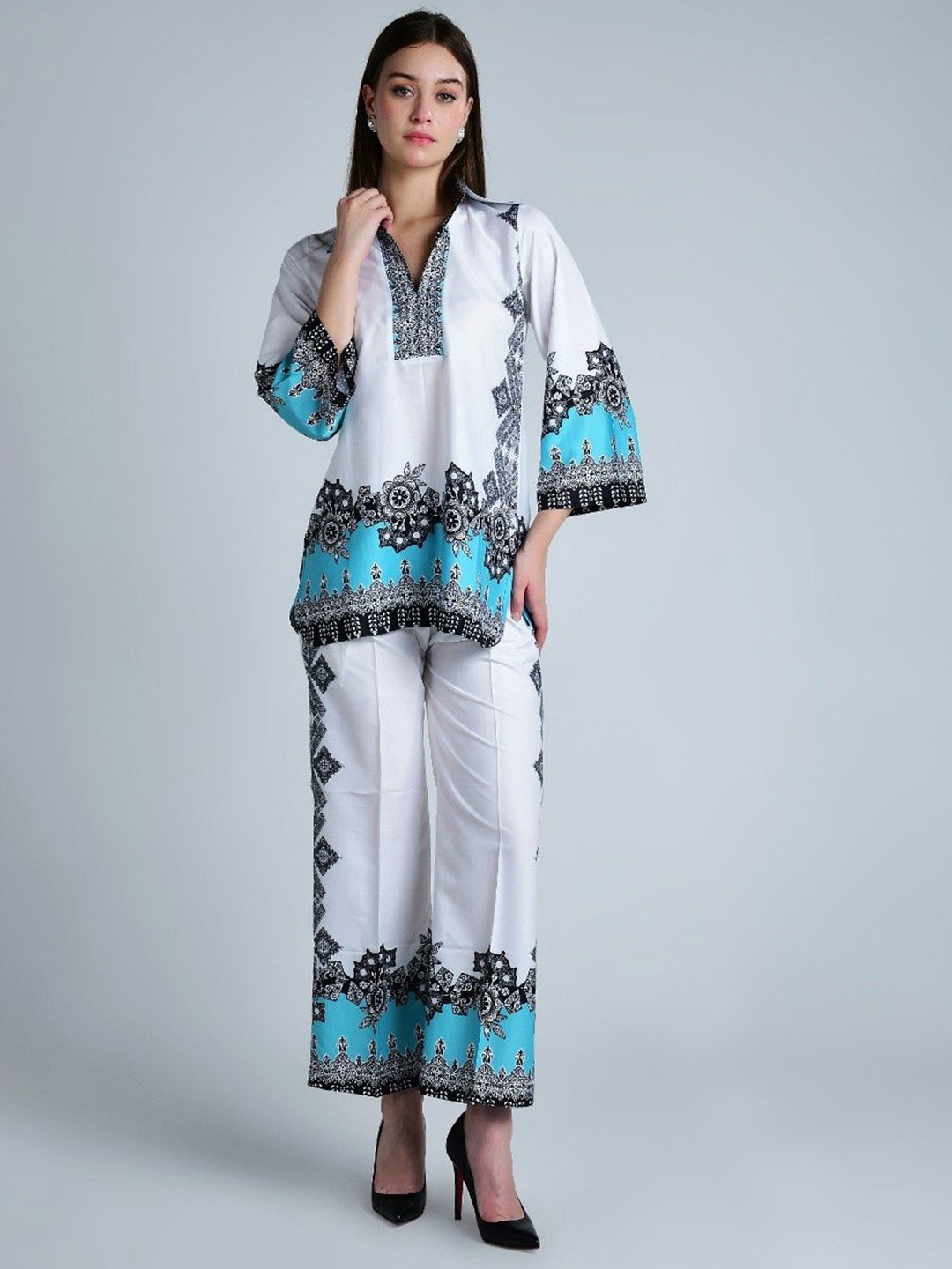 

MQ Marquino Printed Shirt Collar Tunic & Trouser, White