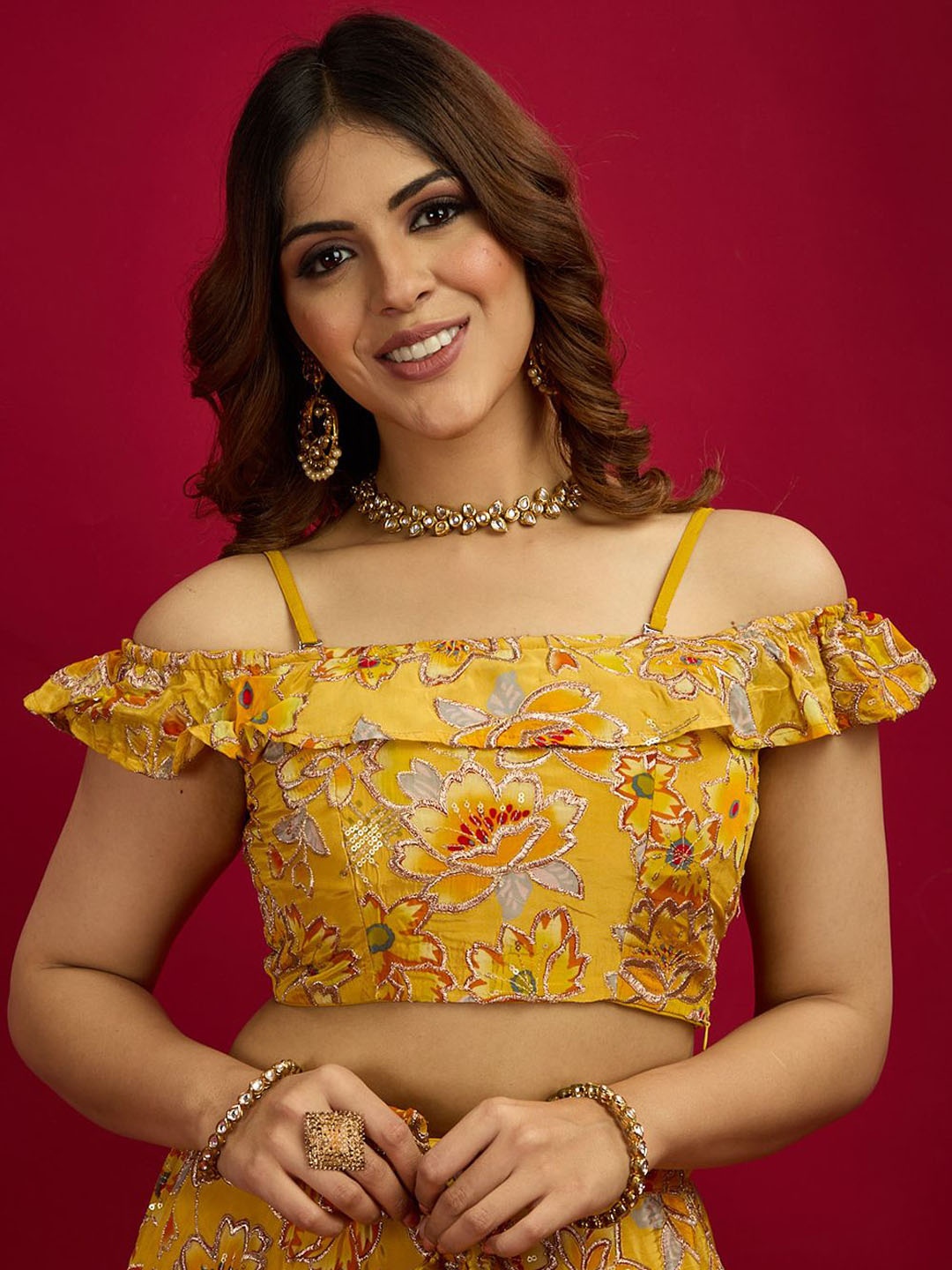 

Ethnovog Printed Off-Shoulder Saree Blouse, Yellow
