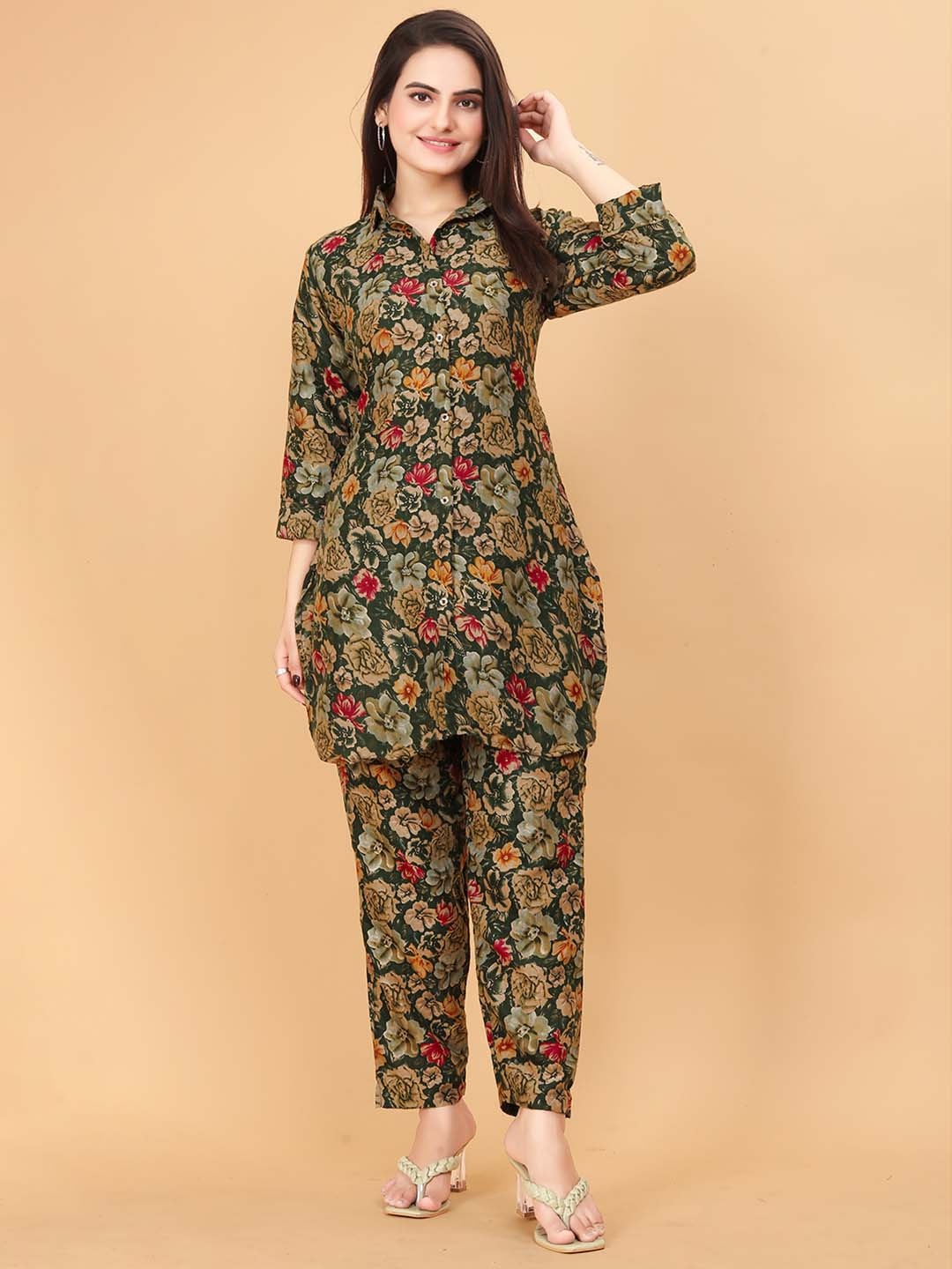 

SHINISHA Floral Printed Tunic with Trousers, Olive