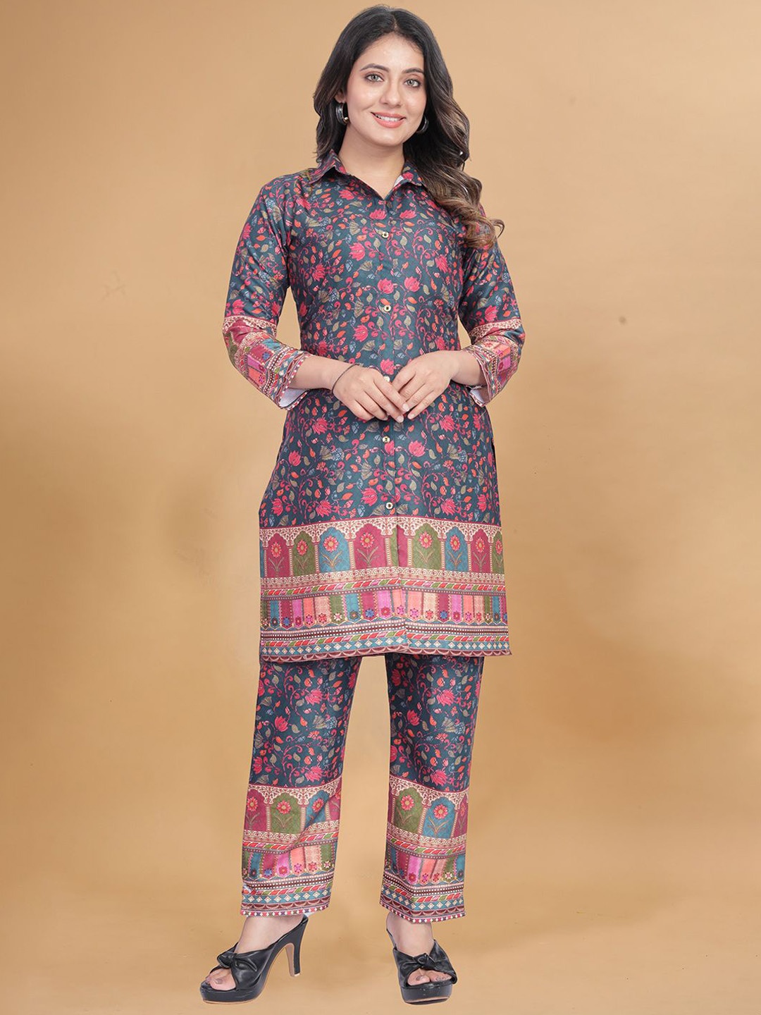 

SHINISHA Floral Printed Shirt Collar Tunic With Trousers, Blue