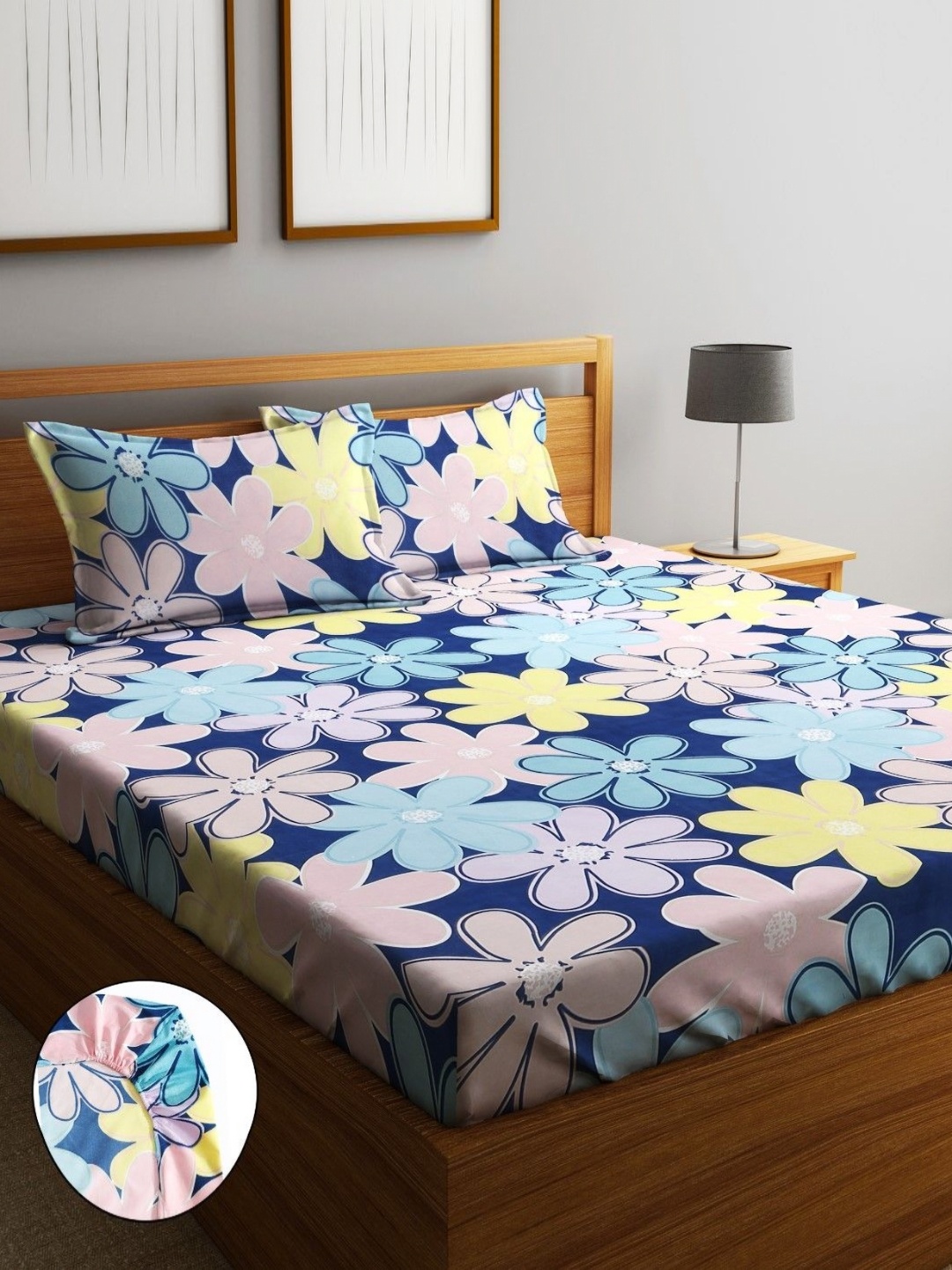 

Home Sizzler Navy Blue Printed Microfiber 210TC Fitted Queen Bedsheet Set1.98 x 1.83 m