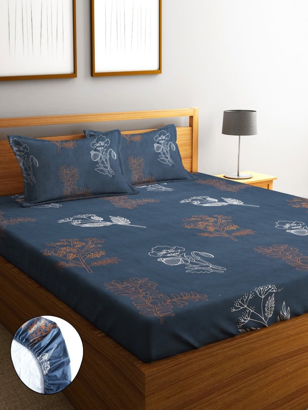 

Home Sizzler Navy Blue Printed Microfiber 210TC Fitted Queen Bedsheet Set1.98 x 1.83 m