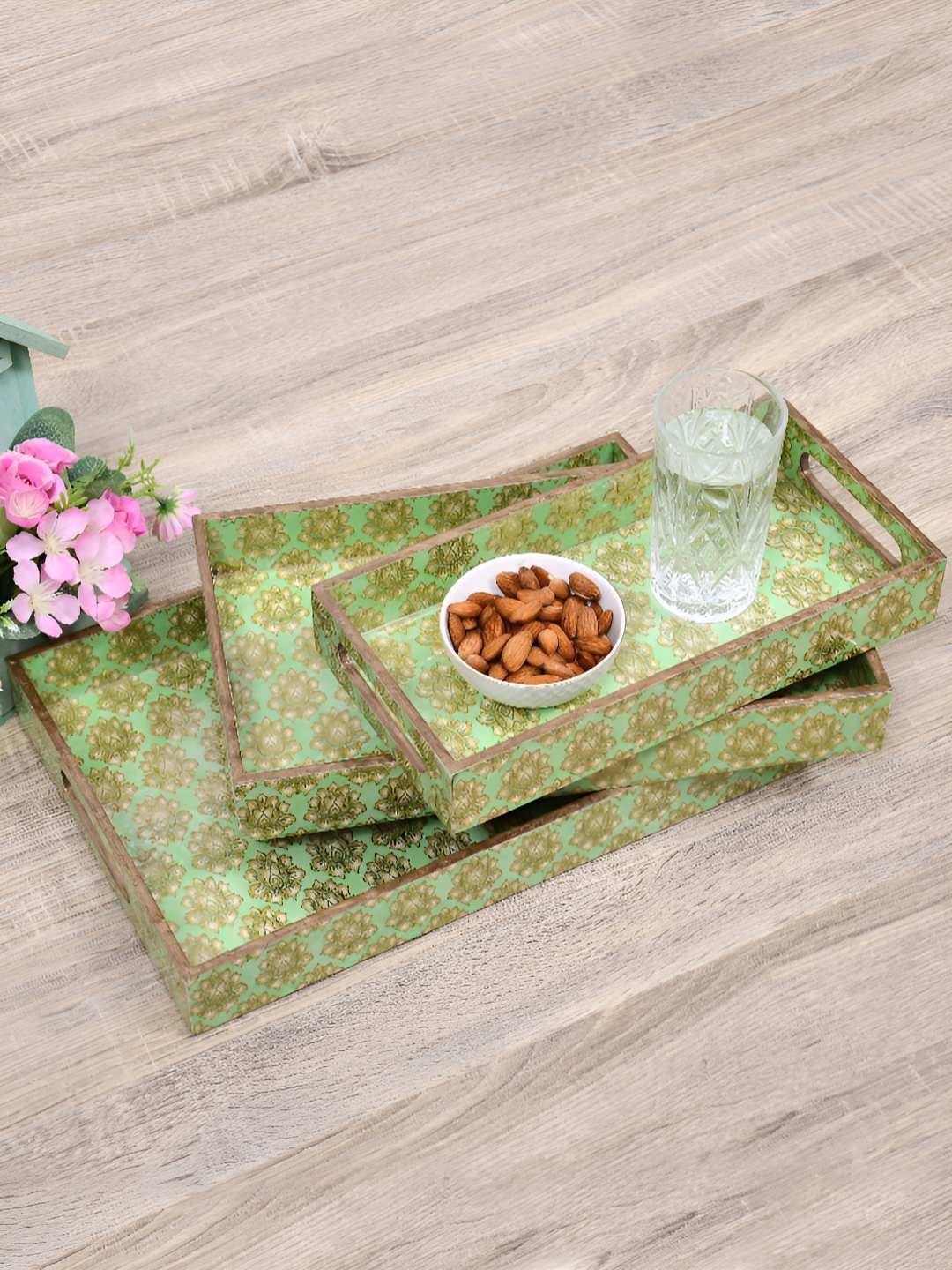 

Home Ecstasy Gold-Toned & Green 3 Pieces Wood Easy to Clean Serving Tray