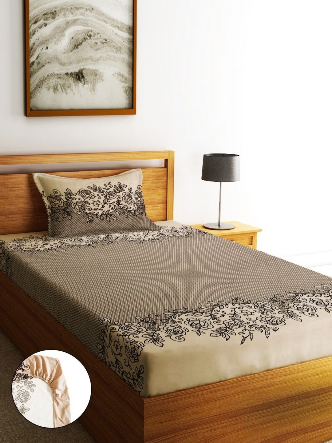 

Home Sizzler Camel Brown Floral Microfiber 210 TC Fitted Single Bedsheet Set-92 Cm x 1.83m