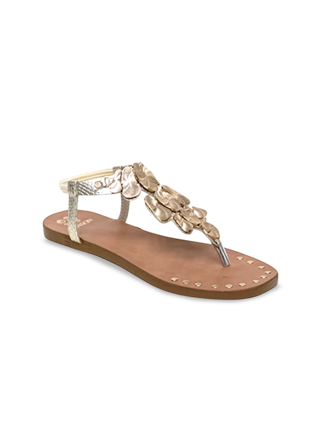 

VANSON SHOES Women Embellished T-Strap Flats, Gold