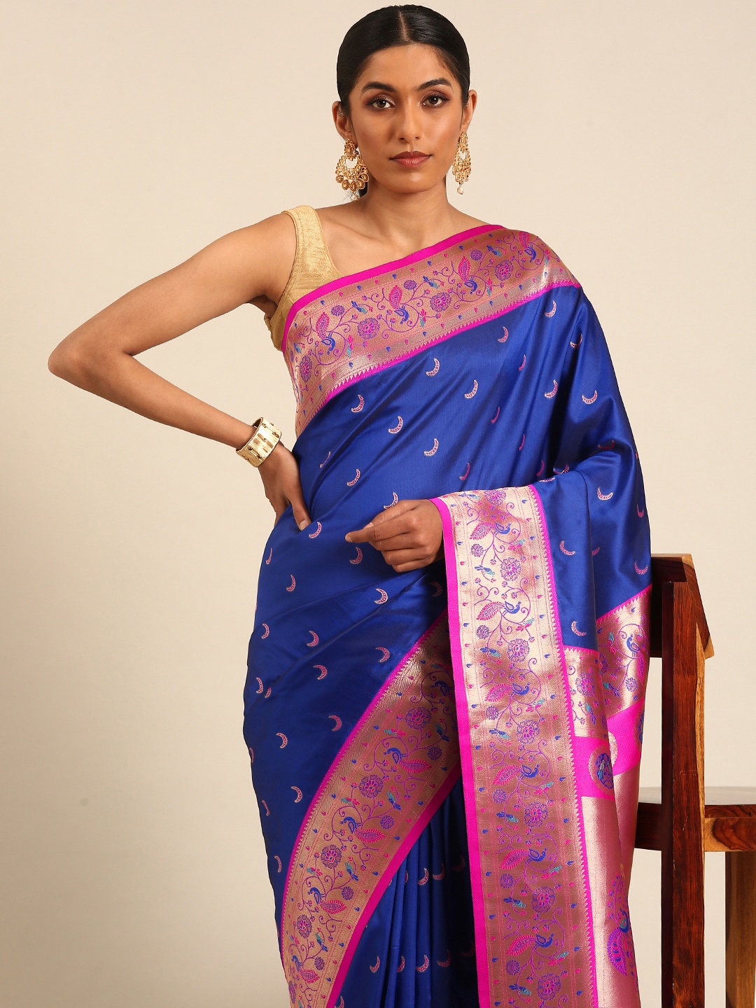 

Mitera Woven Design Zari Silk Blend Designer Paithani Saree, Blue