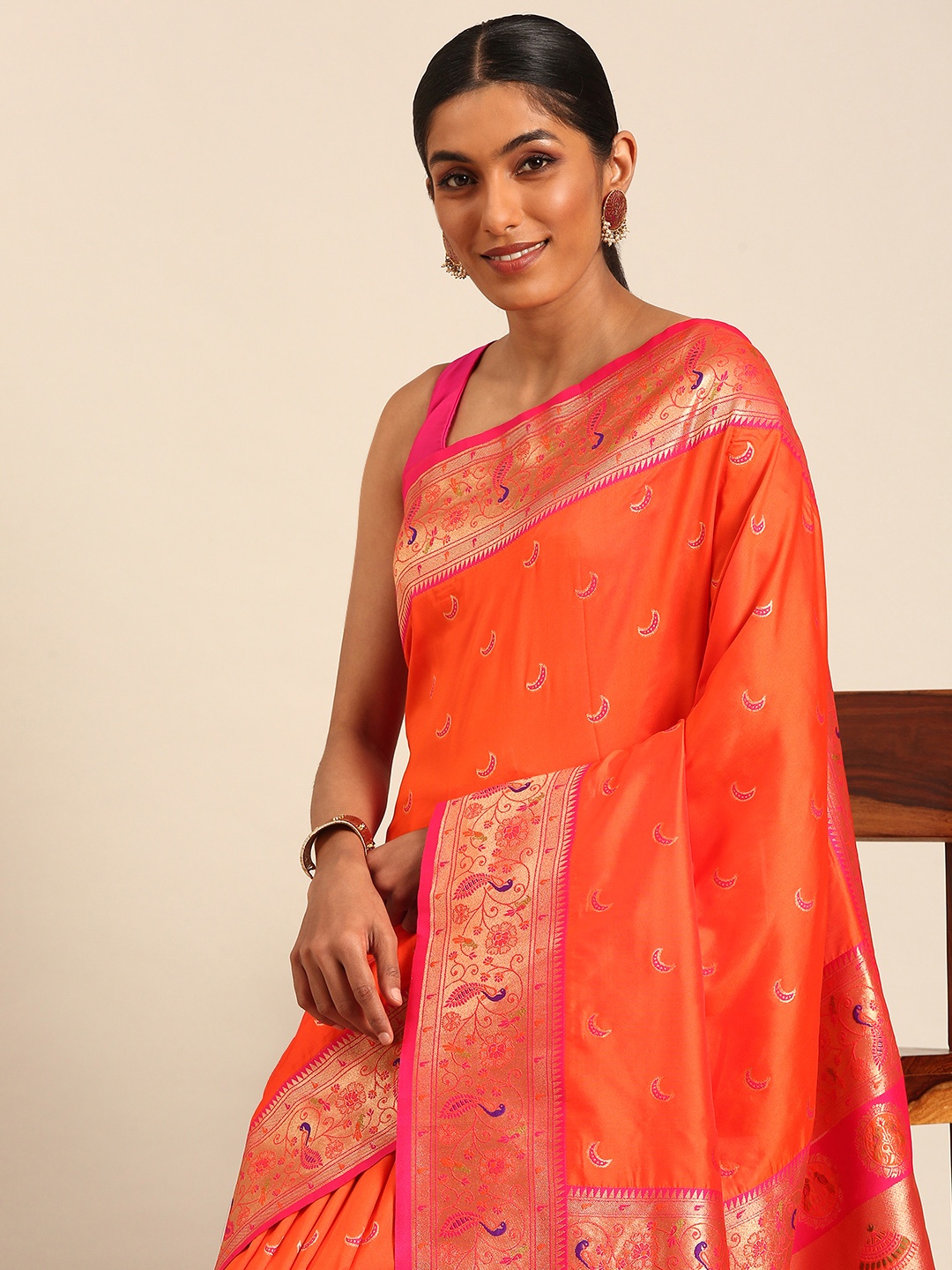 

Mitera Woven Design Zari Silk Blend Designer Paithani Saree, Orange
