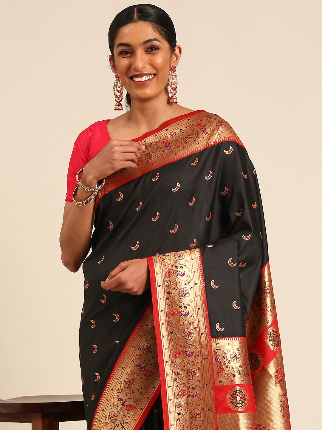 

Mitera Woven Design Zari Silk Blend Designer Paithani Saree, Black