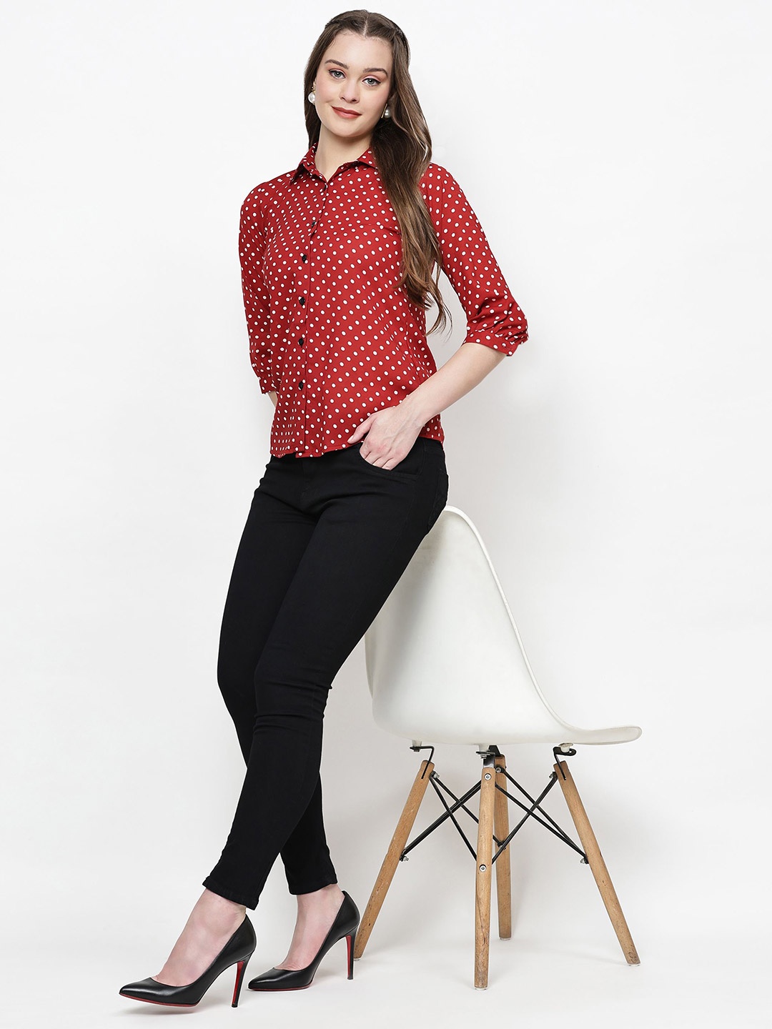 

TrendRush Women Polka Dots Printed Shirt Style Top, Red
