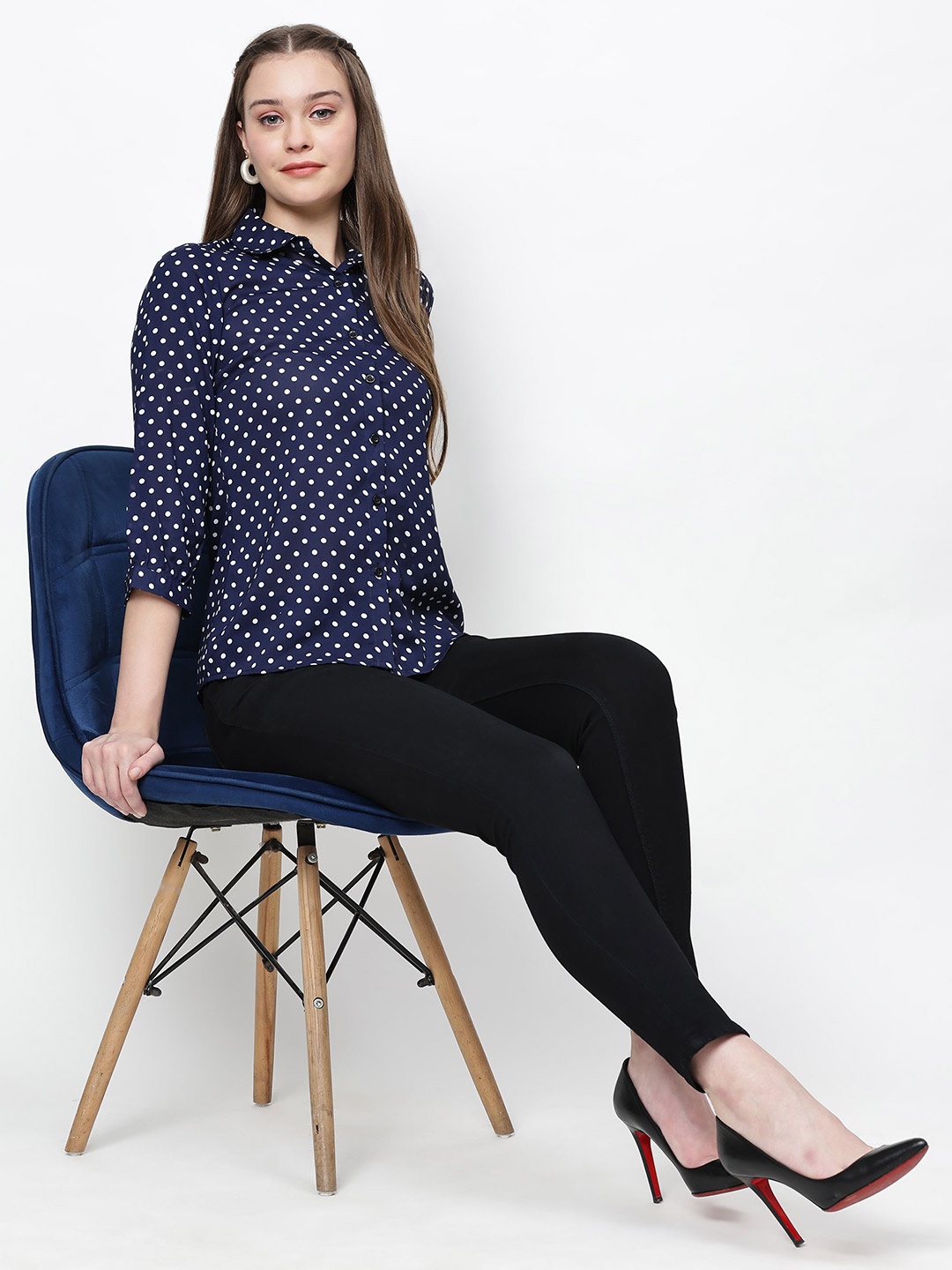 

TrendRush Spring-25 Women Polka Dot Printed Shirt Style Top, Blue