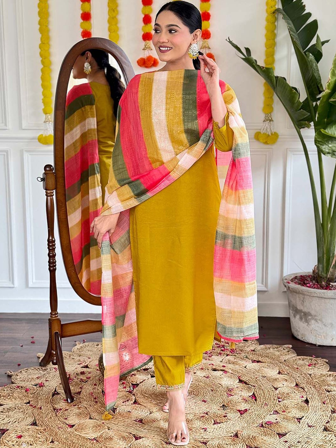 

Lilots Floral Embroidered Sequinned Chanderi Silk Straight Kurta With Trouser And Dupatta, Mustard