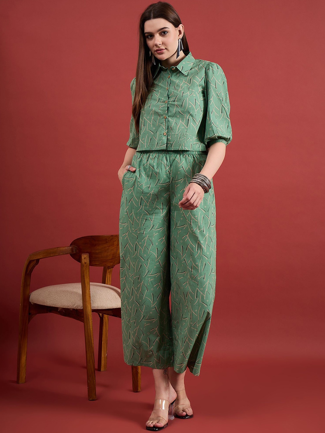 

All About You Green Printed Pure Cotton Shirt With Palazzo