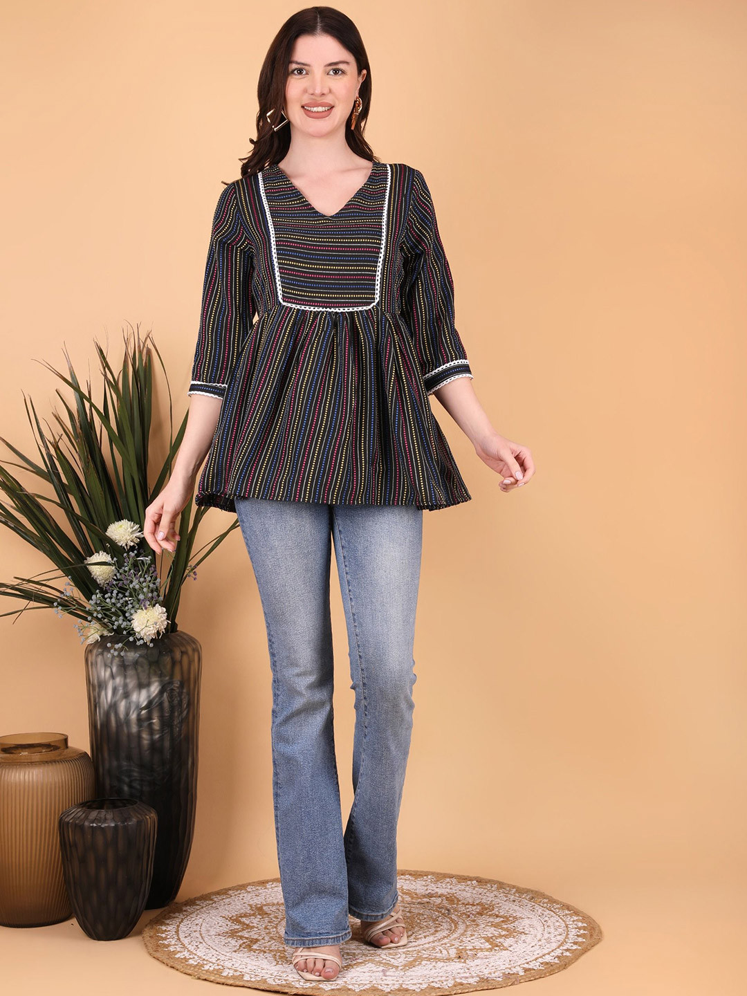 

ROYAL DESIGN Women Cotton Kath Work Tunic, Black