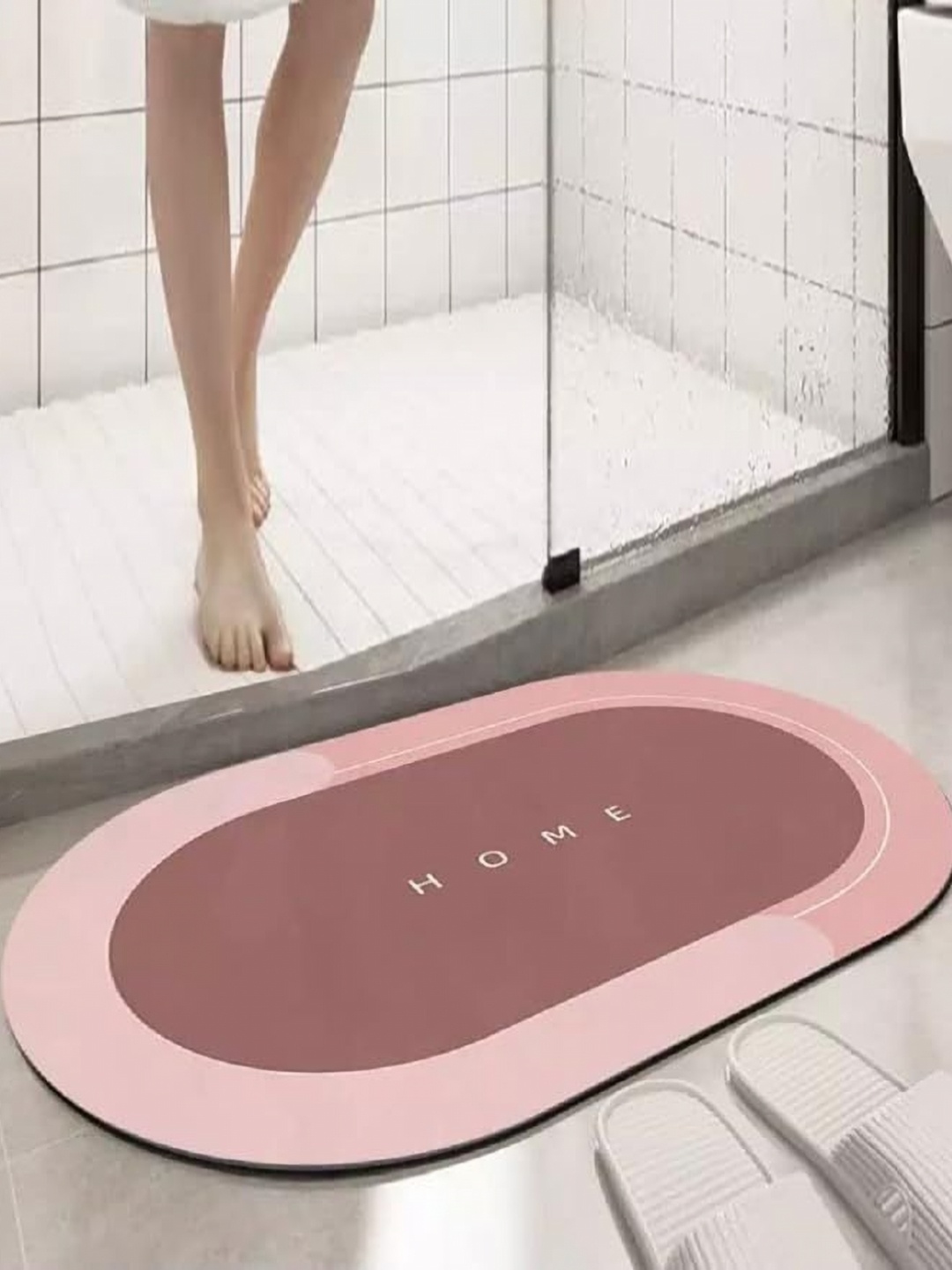 

HomeCloud Pink & White Printed Non Slip Rubber Bath Rug