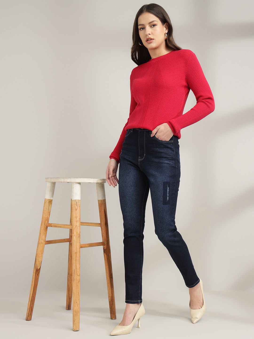 

Xpose Women Comfort Slim Fit High-Rise Mildly Distressed Stretchable Jeans, Navy blue