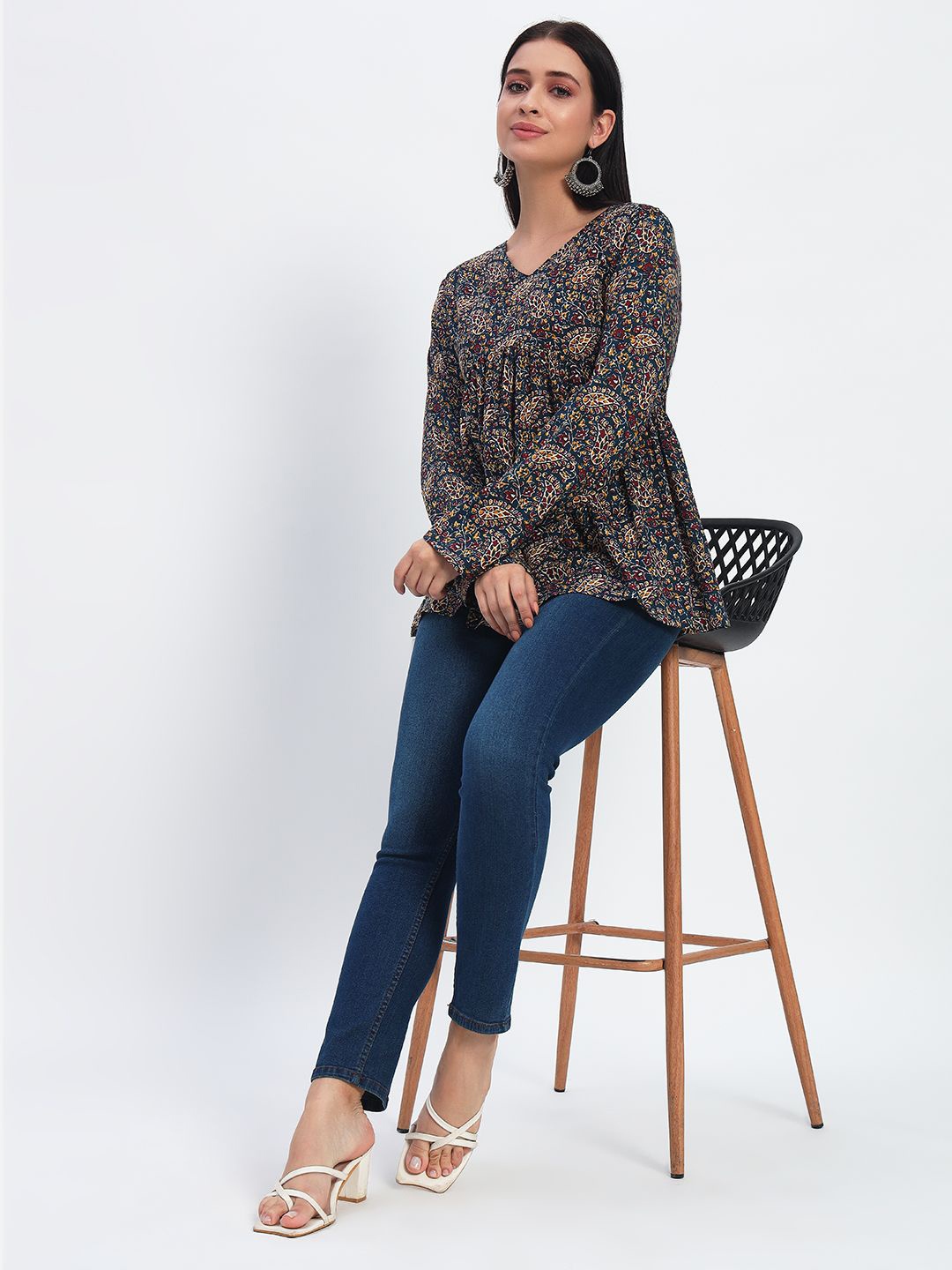 

ASHRU Printed V-Neck Cotton Tunic, Black