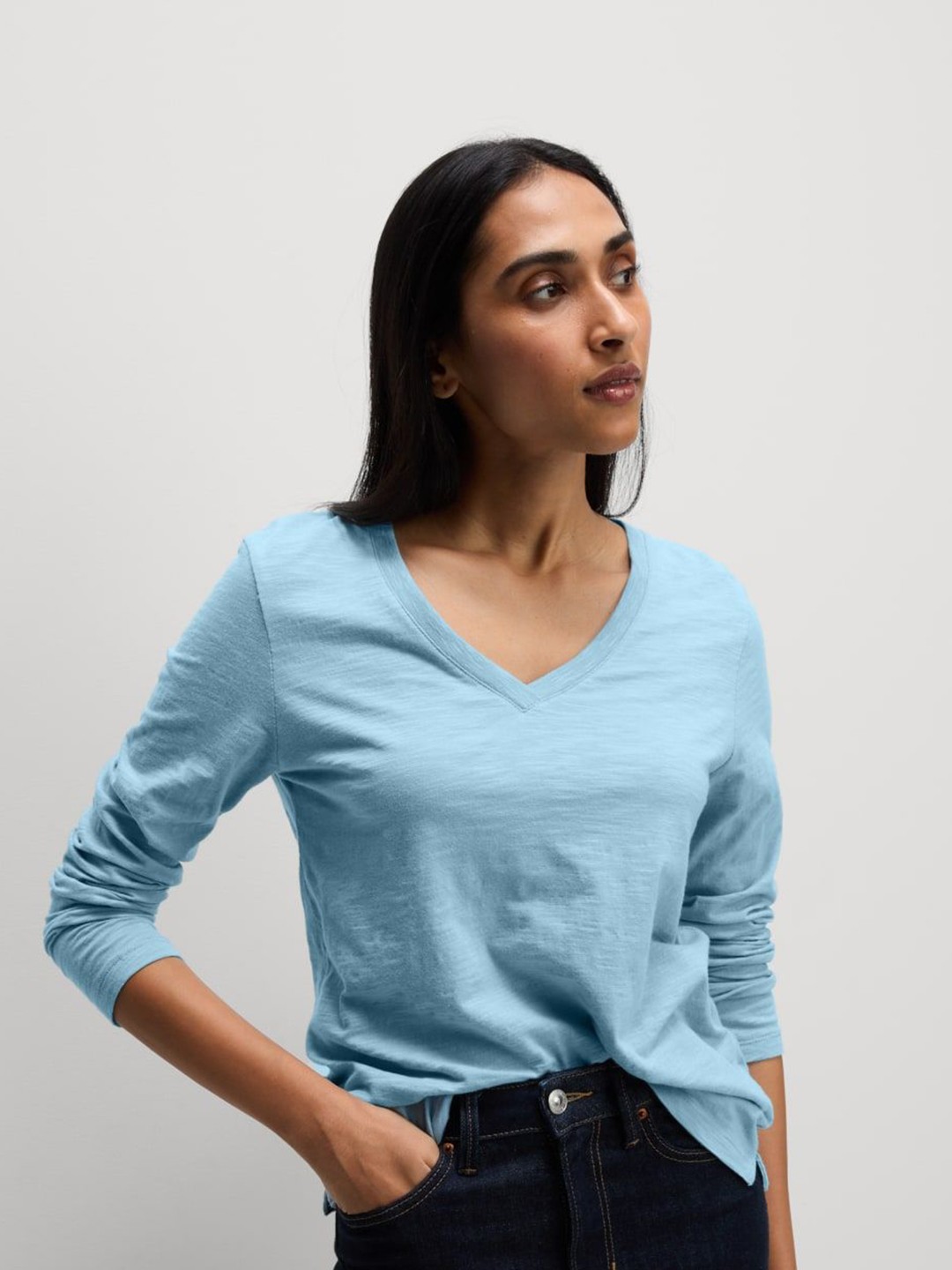 

Marks & Spencer Women V-Neck Pure Cotton Top, Blue