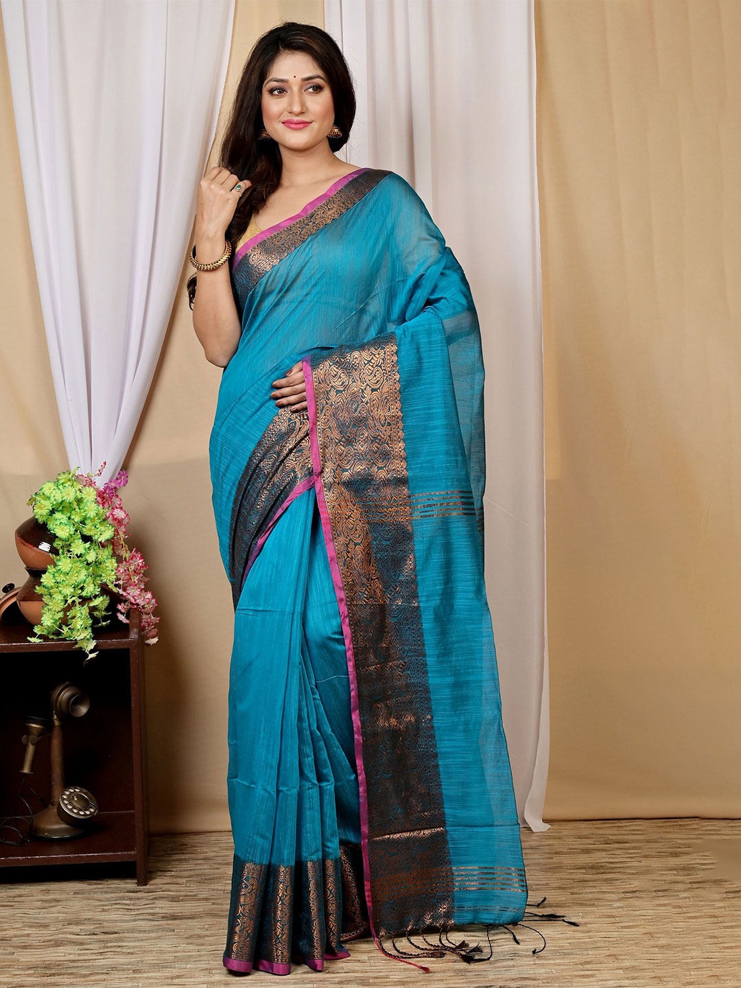 

PuJoy Zari Pure Cotton Taant Saree, Blue