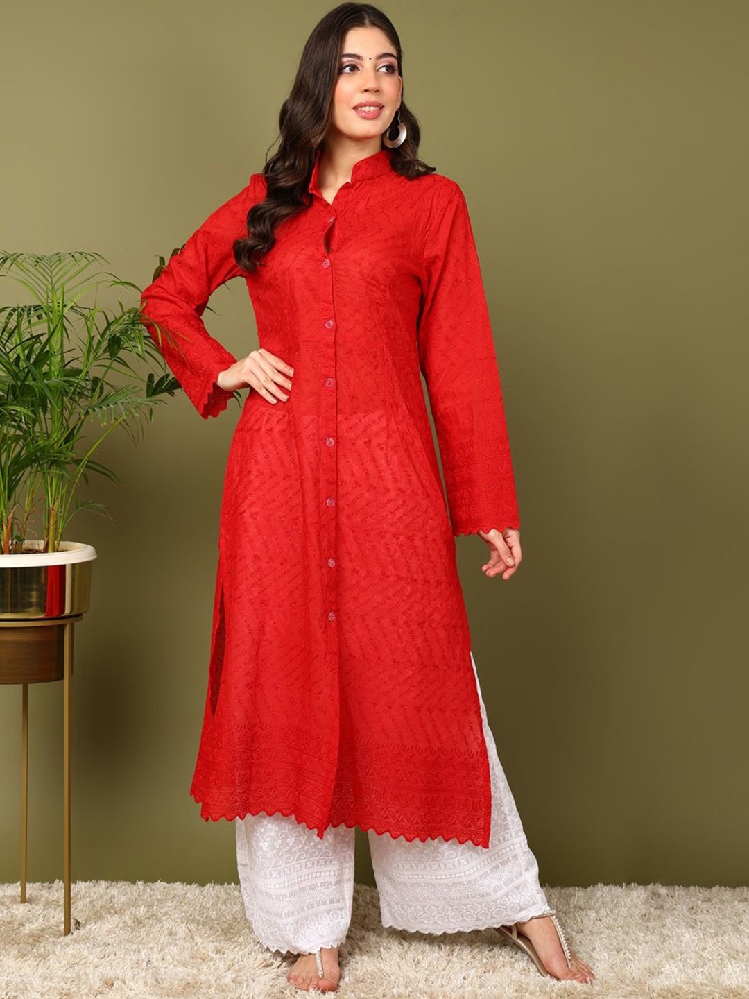 

Edyssa Floral Embroidered Mandarin Collar Straight Chikankari Kurta with Palazzos, Red