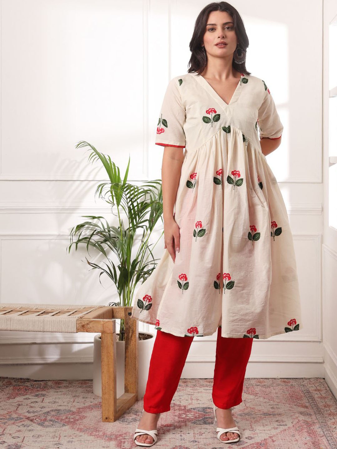 

KALINI Floral Embroidered Work V-Neck Empire Style Pure Cotton Kurta With Trouser, Off white