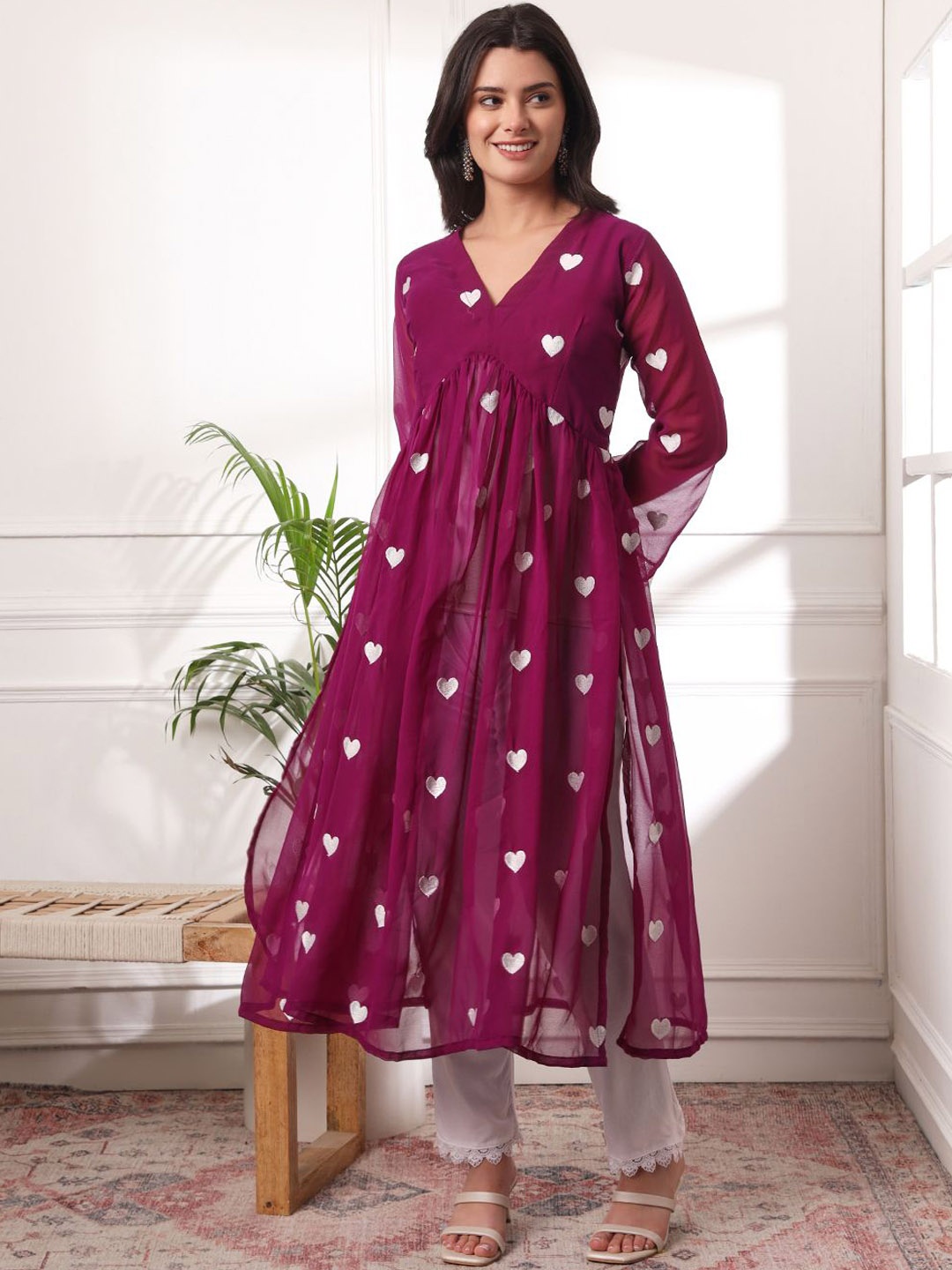 

KALINI Heart Shaped Embroidered V-Neck Georgette A-Line Kurta With Trousers, Purple