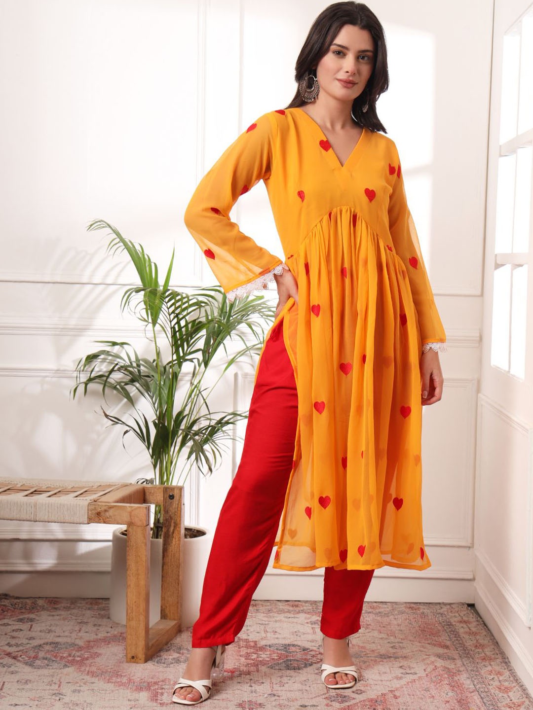 

KALINI Heart Shaped Embroidered V-Neck Georgette A-Line Kurta With Trouser, Yellow