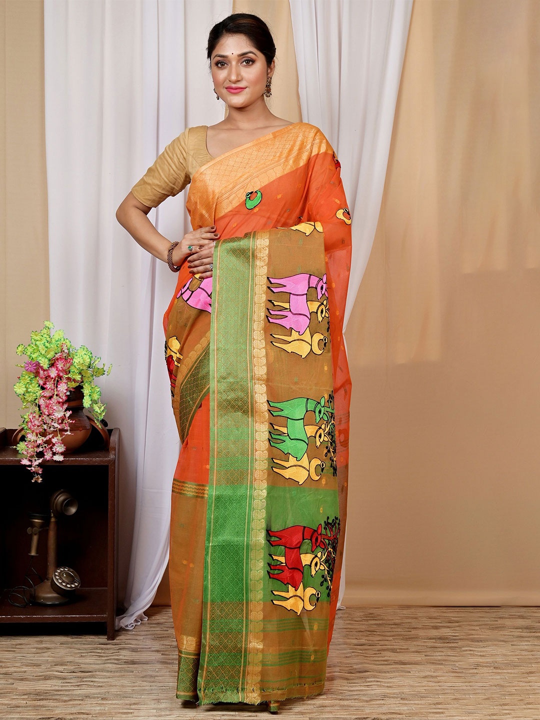 

PuJoy Ethnic Motifs Woven Design Zari Pure Cotton Taant Saree, Orange