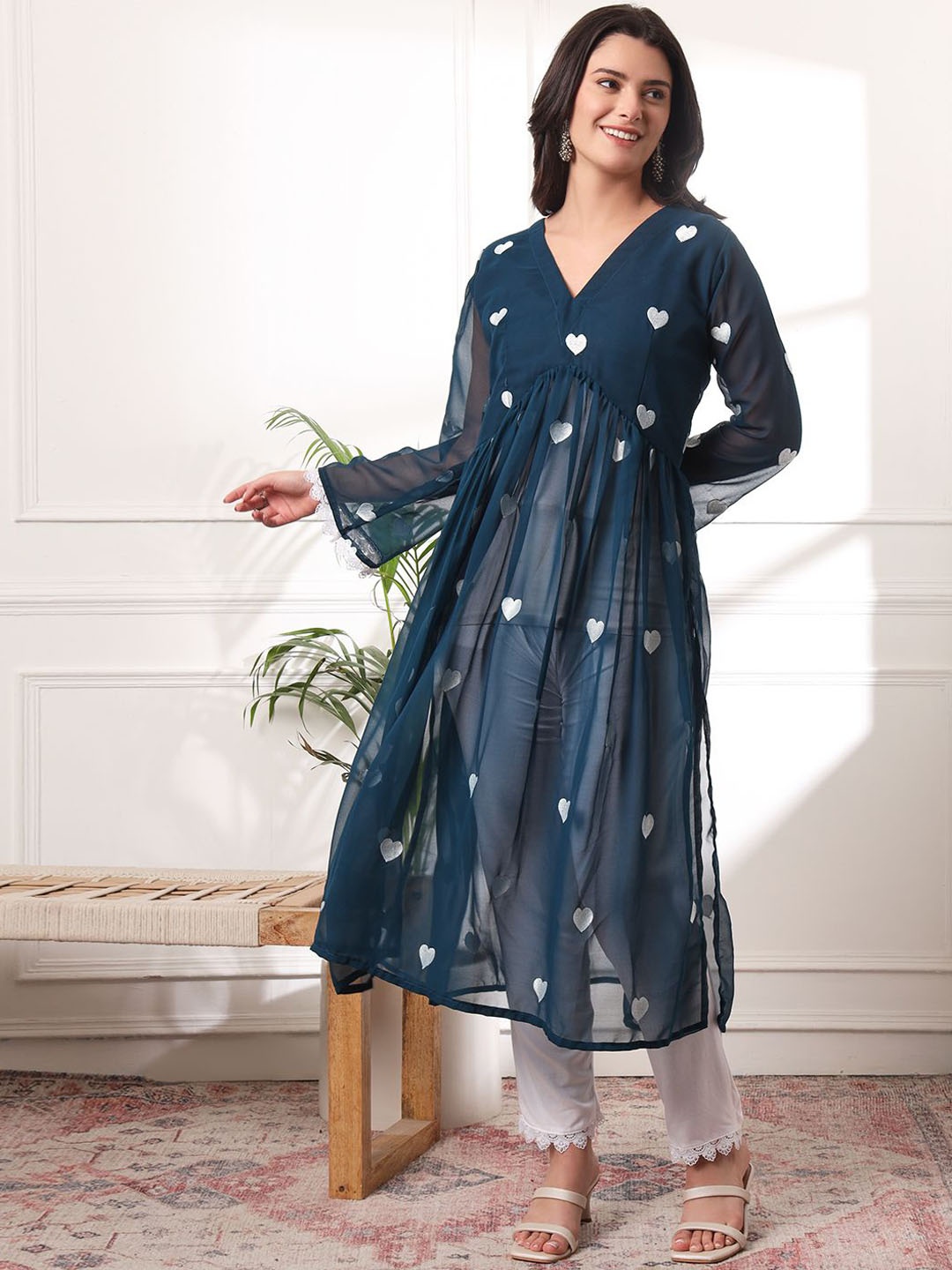 

KALINI Heart Shaped Embroidered V-Neck Georgette A-Line Kurta With Trouser, Teal