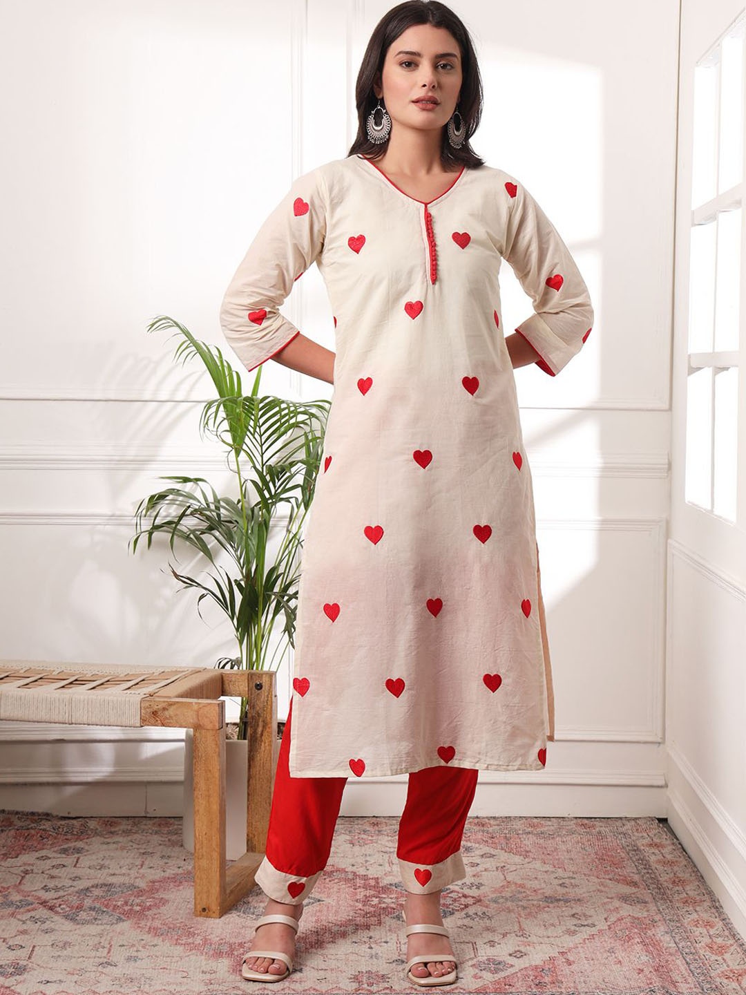 

KALINI Heart Shaped Embroidered V-Neck Straight Pure Cotton Kurta With Trousers, Cream