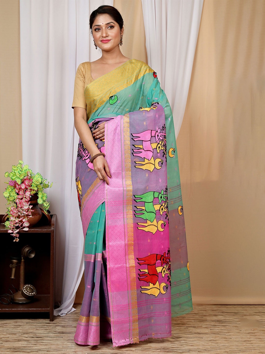 

PuJoy Ethnic Motifs Woven Design Zari Pure Cotton Taant Saree, Green