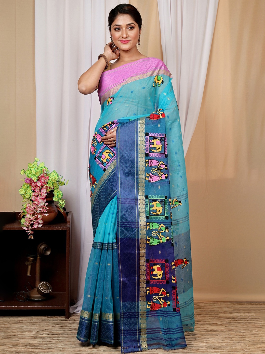 

PuJoy Woven Design Pure Cotton Taant Saree, Blue