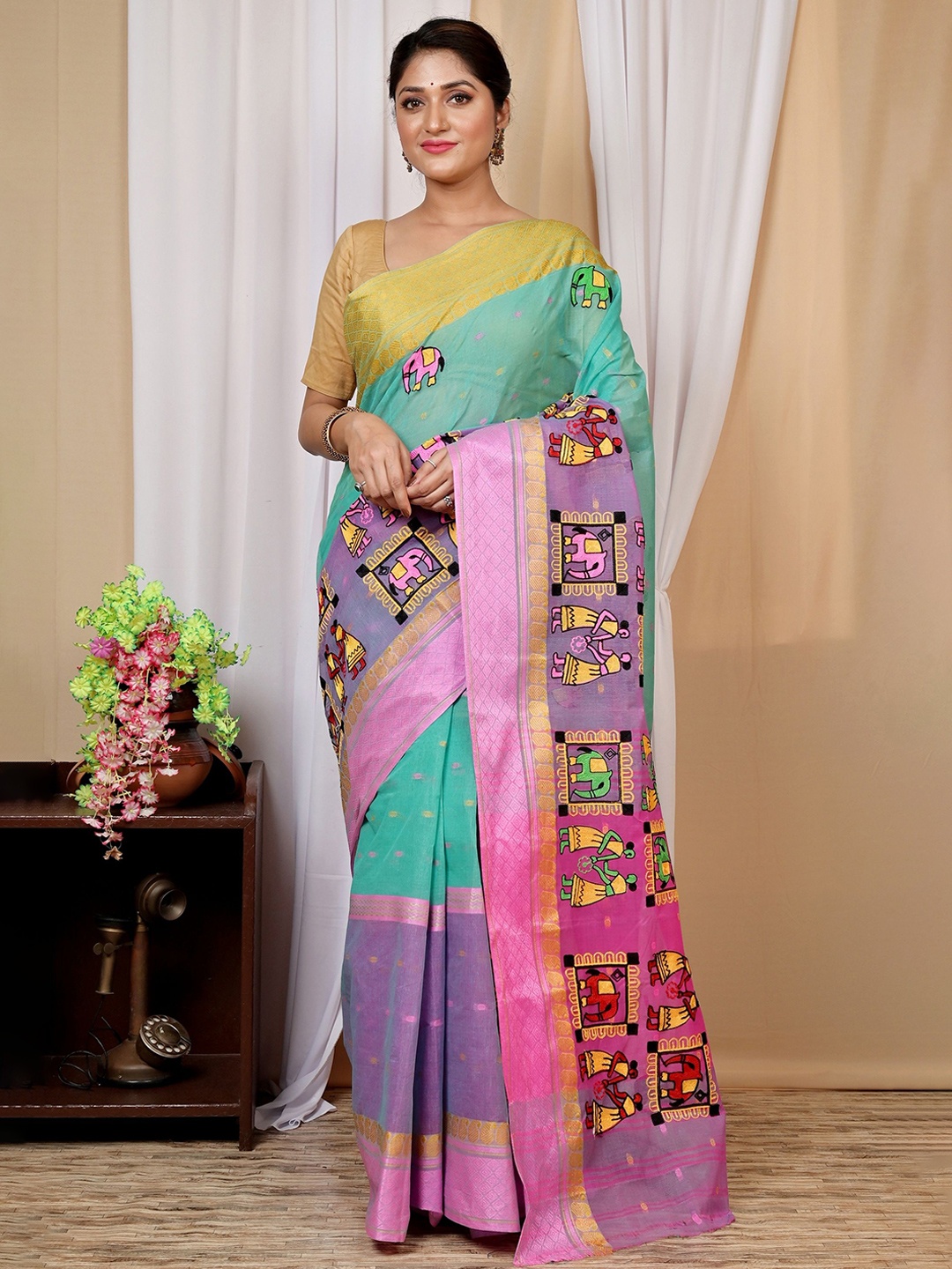 

PuJoy Woven Design Pure Cotton Taant Saree, Green