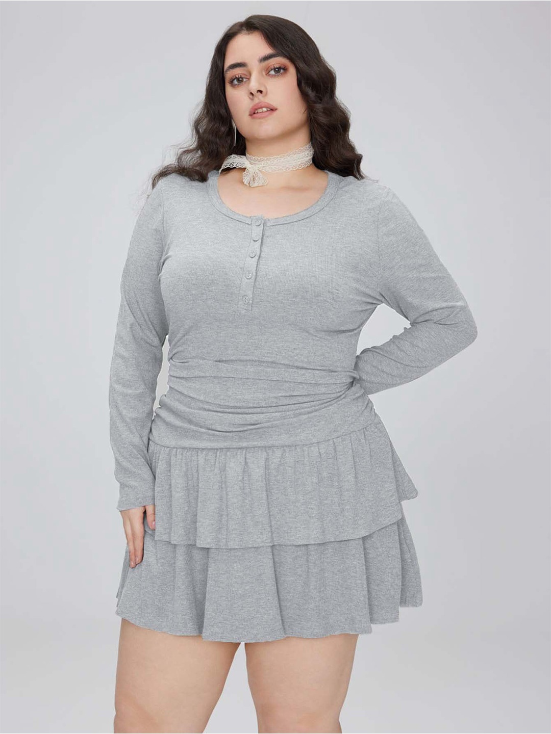 

DressBerry Curve Women Plus Size Ruched Fit & Flare Mini Dress, Grey