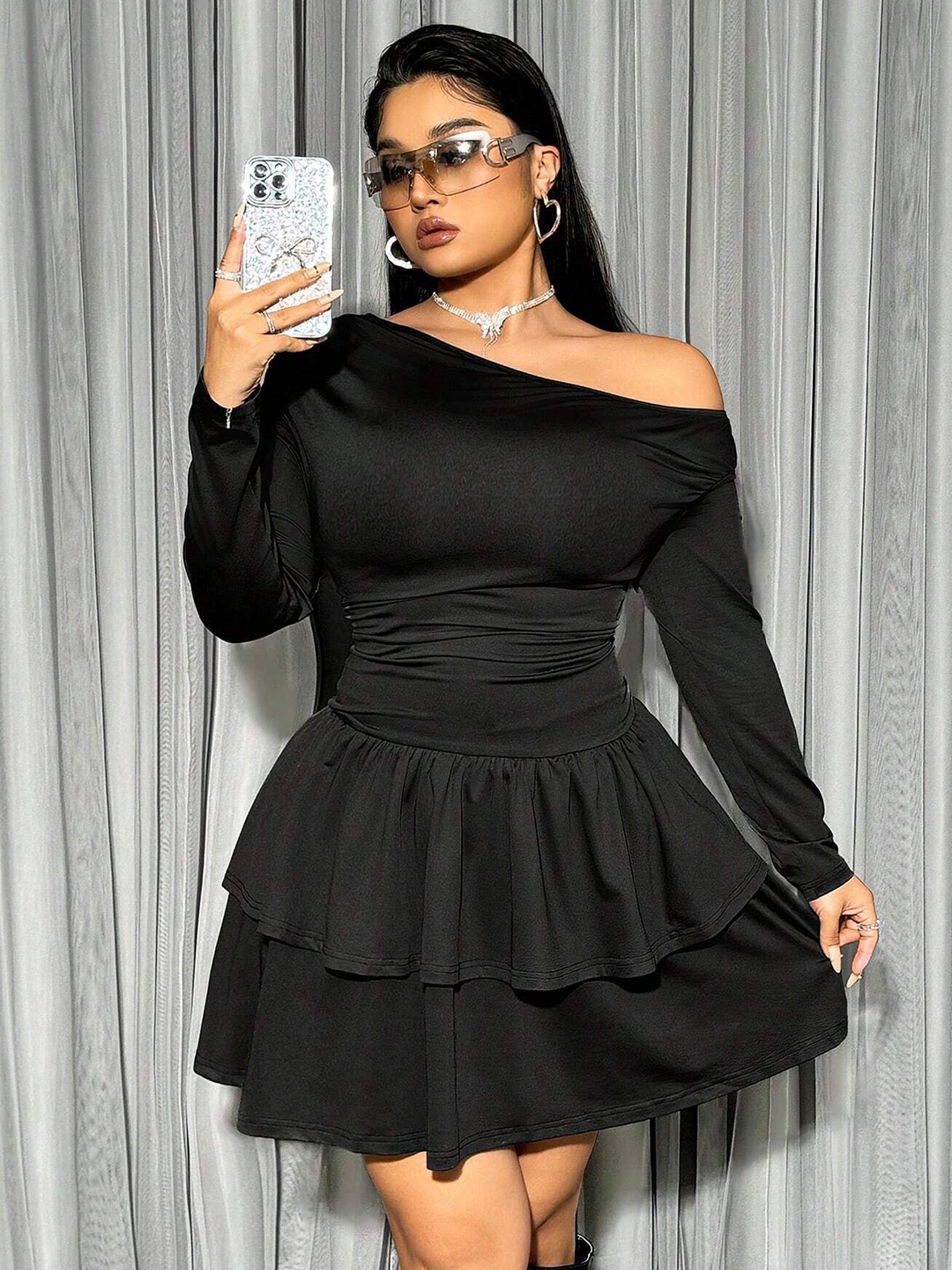

DressBerry Curve Women Plus Size One Shoulder Fit & Flare Dress, Black