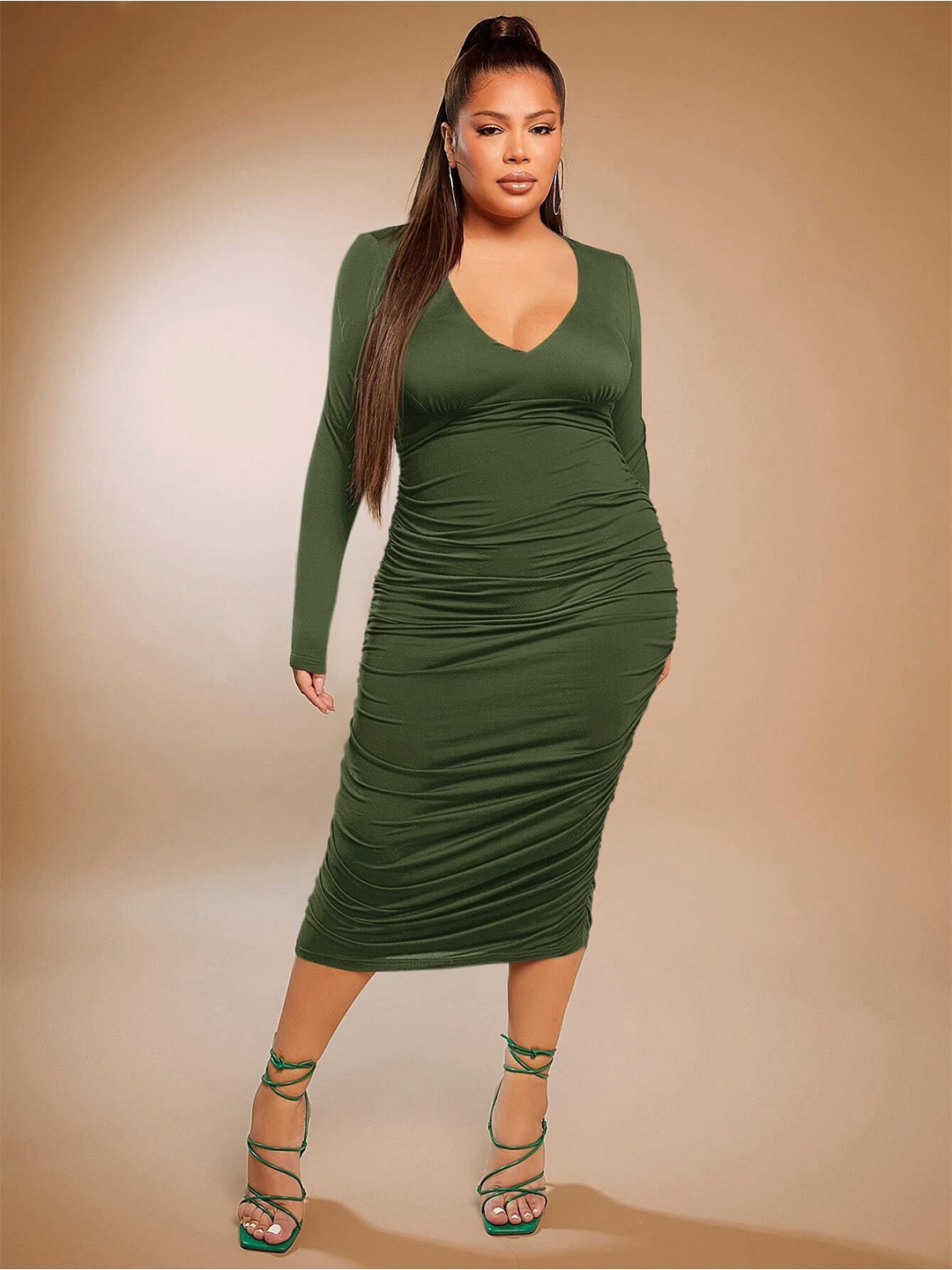 

DressBerry Curve Plus Size V-Neck Cotton Bodycon Midi Dress, Olive