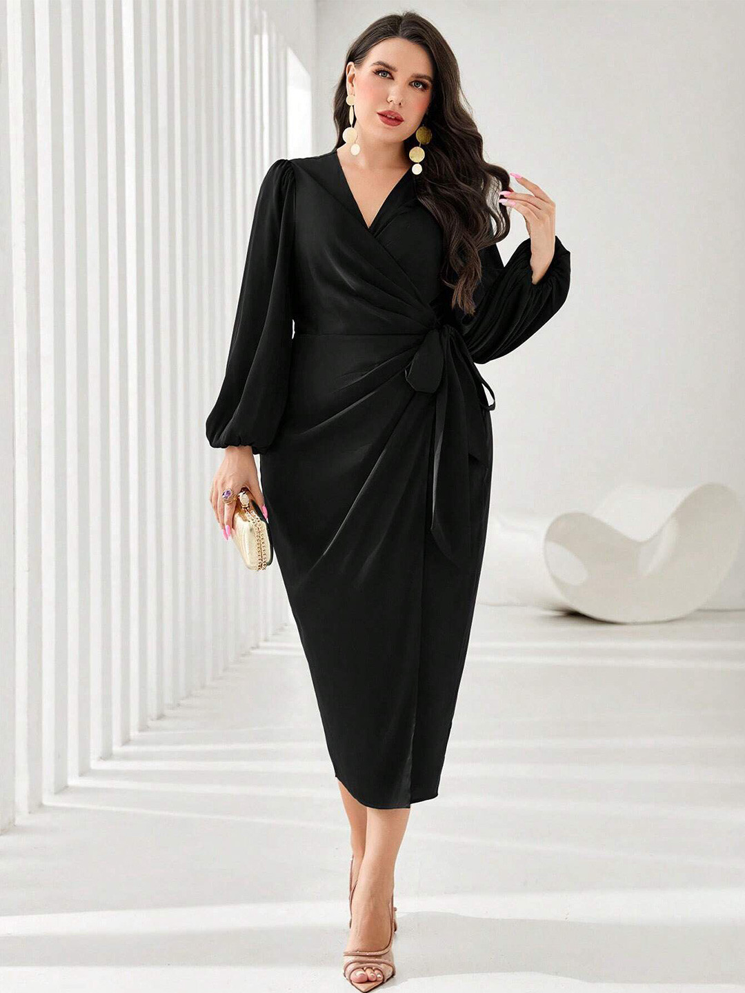 

DressBerry Curve Women Wrap Midi Dress, Black