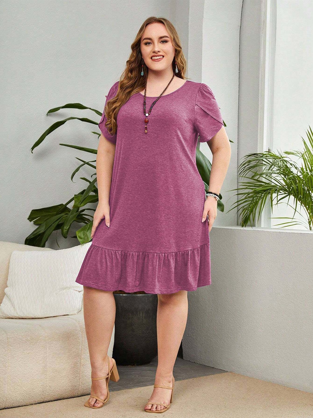 

DressBerry Curve Women Plus Size Flared Sleeve Drop-Waist Dress, Pink