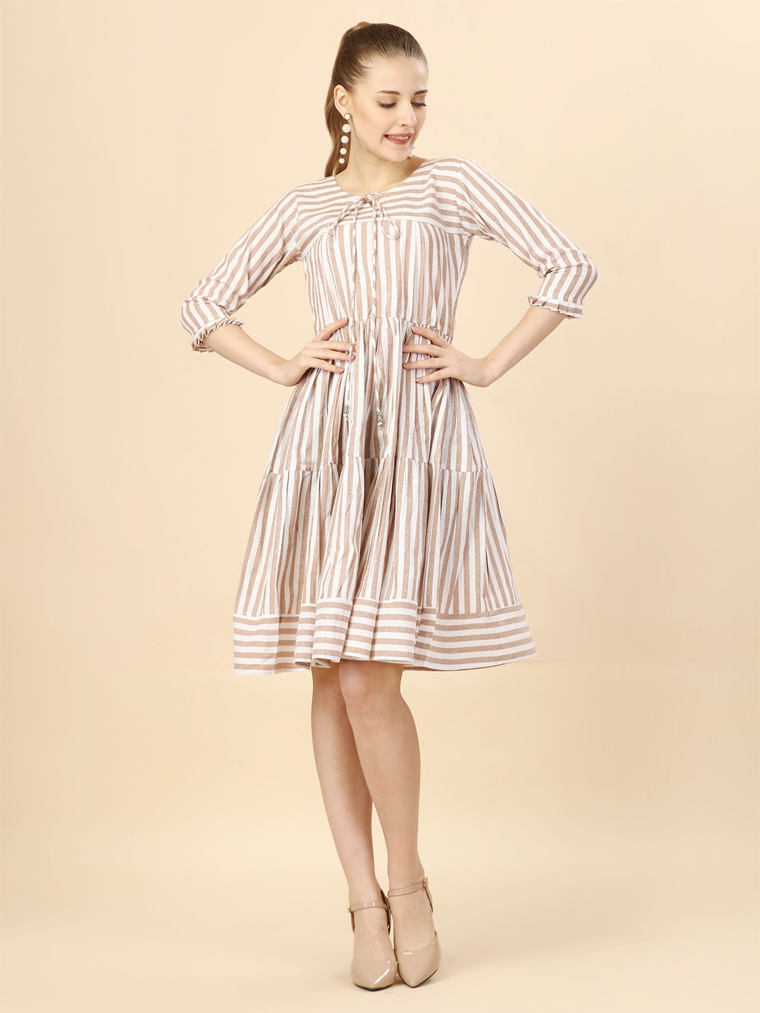 

Glomee Women Striped Layered Fit & Flare Dress, Beige