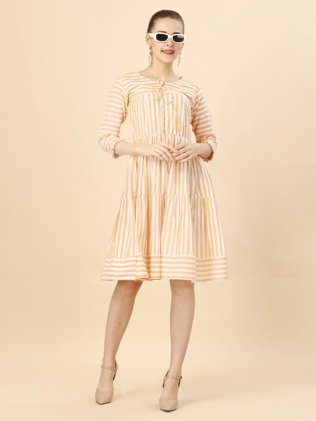 

Glomee Women Striped Printed Layered Fit & Flare Cotton Dress, Yellow