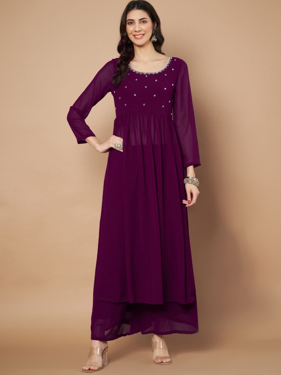 

Poshak Hub Beads And Stones Embellished Empire A-Line Kurta With Palazzos, Purple