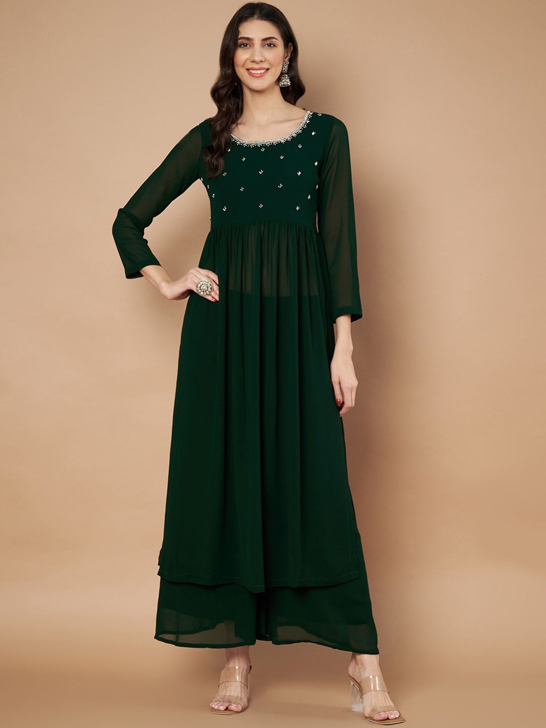 

Poshak Hub Beads And Stones Embellished Empire A-Line Kurta With Palazzos, Green