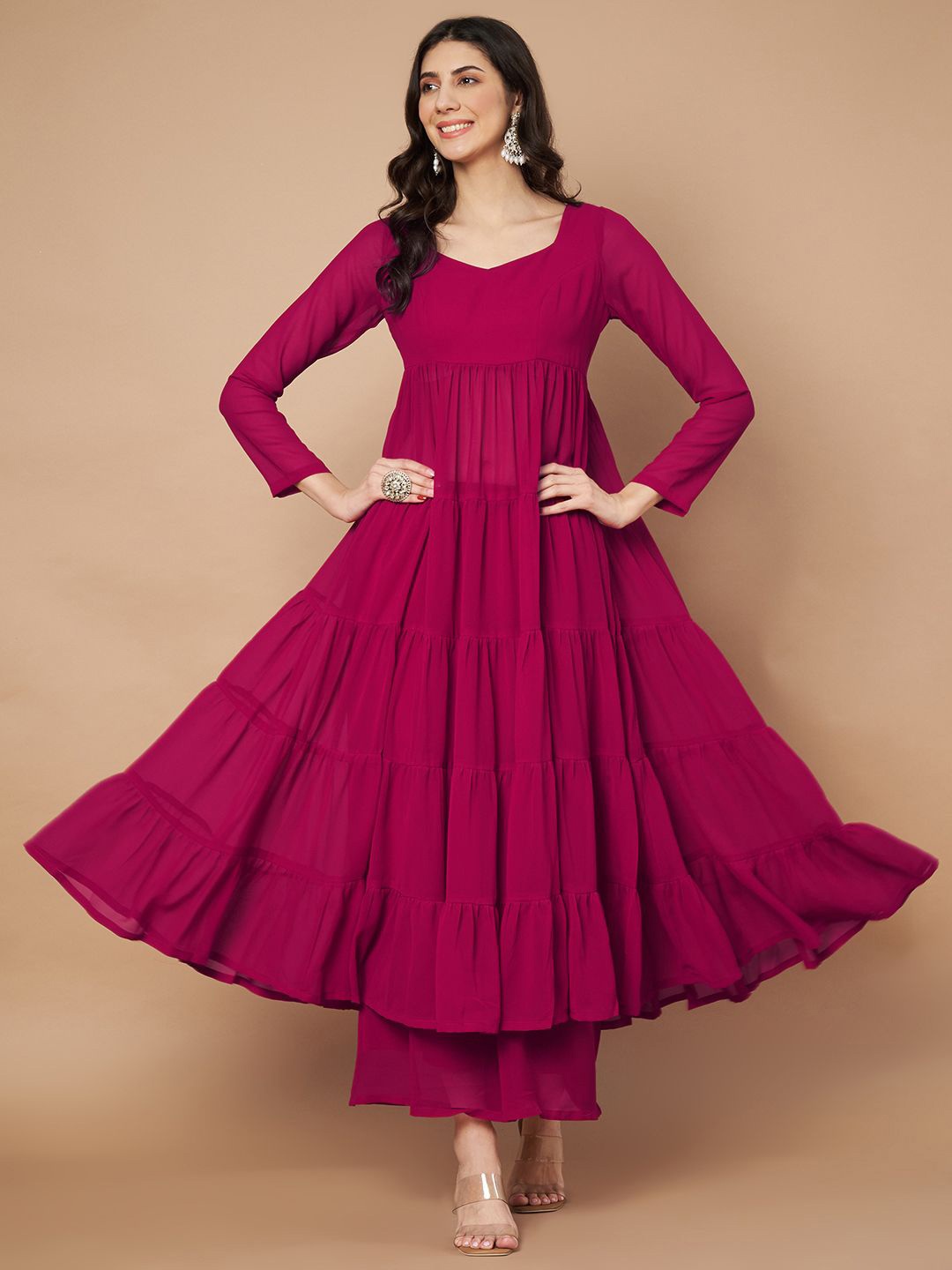 

Poshak Hub Tiered Anarkali Sweetheart Neck Georgette Kurta With Sharara, Pink