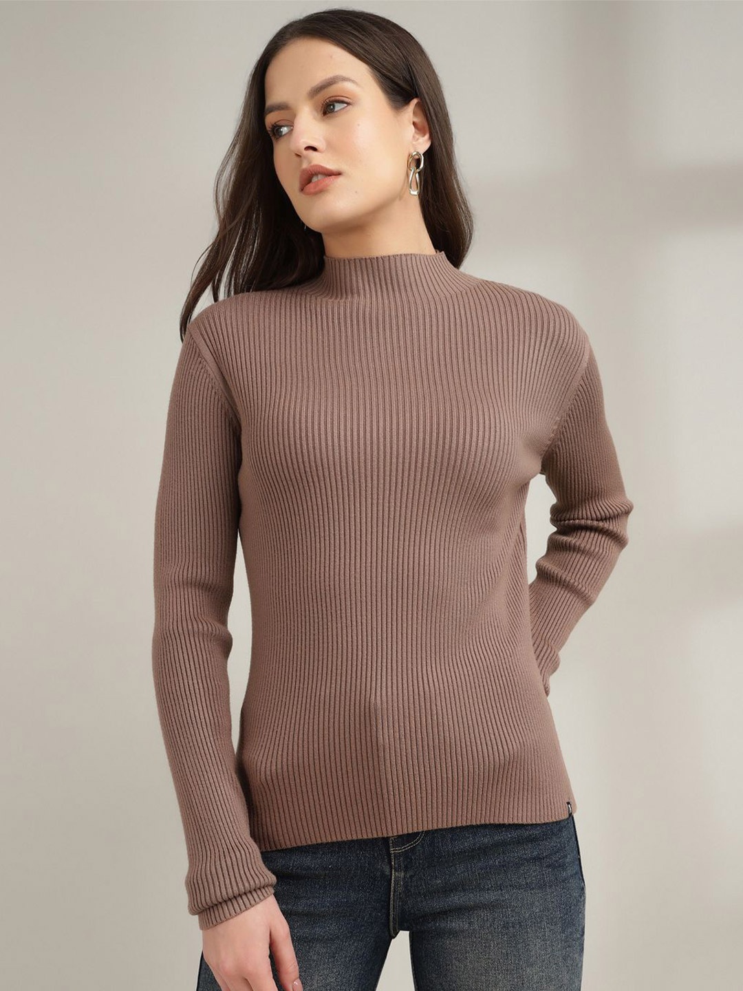 

Xpose Women Turtle Neck Ribbed Pullover Sweater, Beige