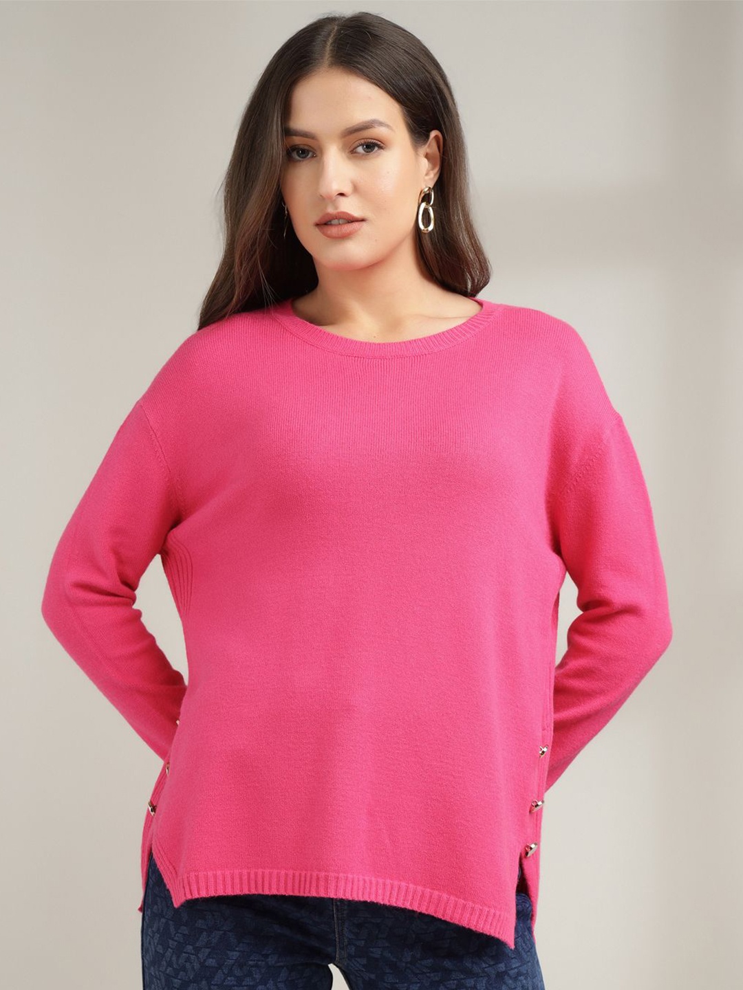 

Xpose Women Round Neck Pullover Sweater, Pink