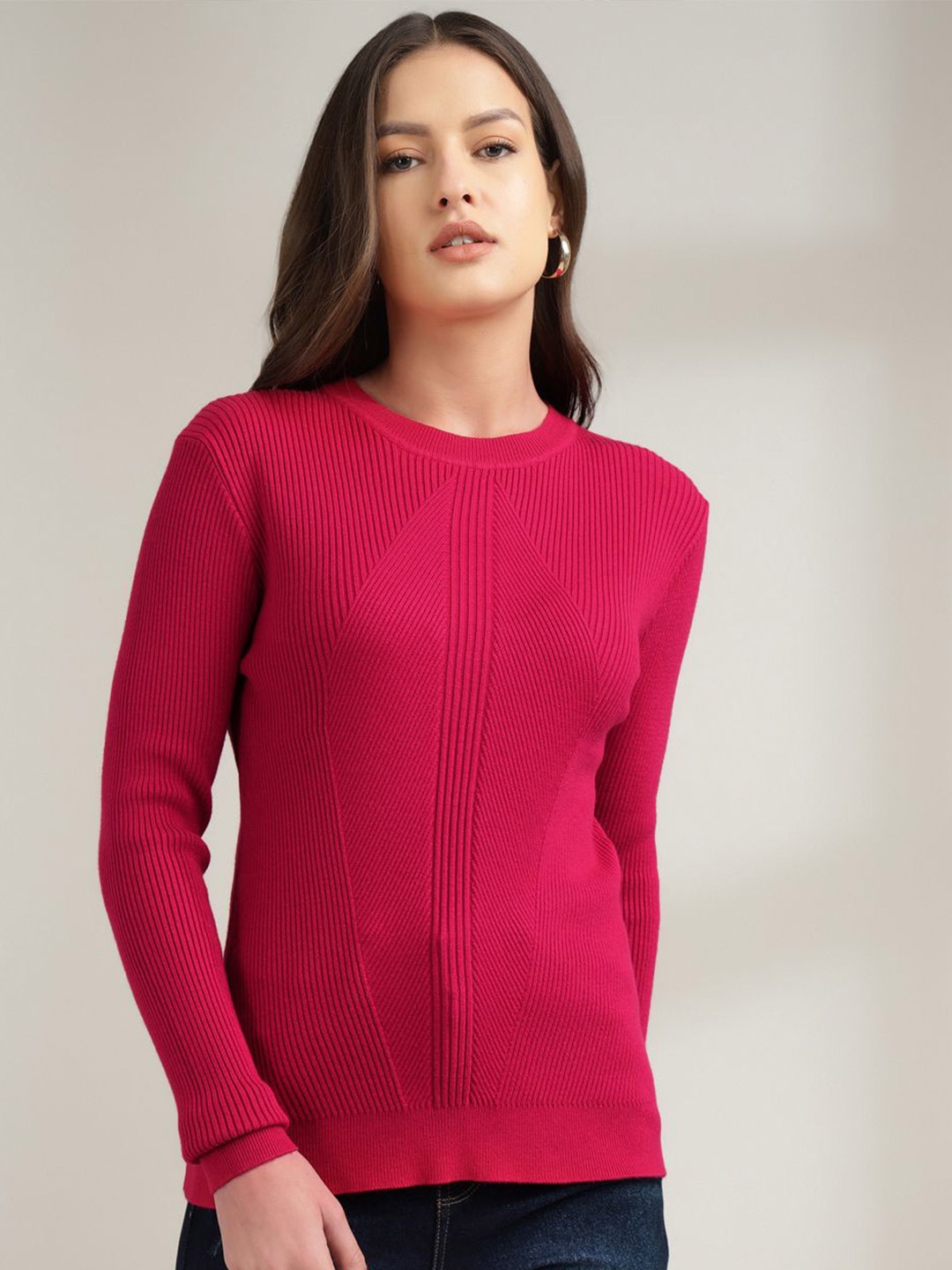 

Xpose Women Ribbed Round Neck Pullover Sweater, Pink