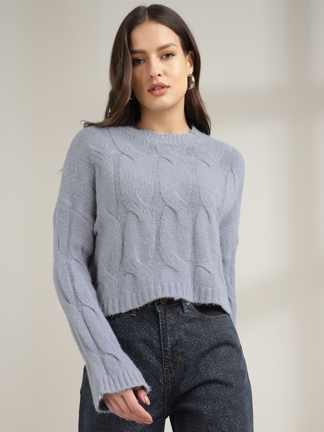 

Xpose Women Cable Knit Crop Pullover Sweater, Blue