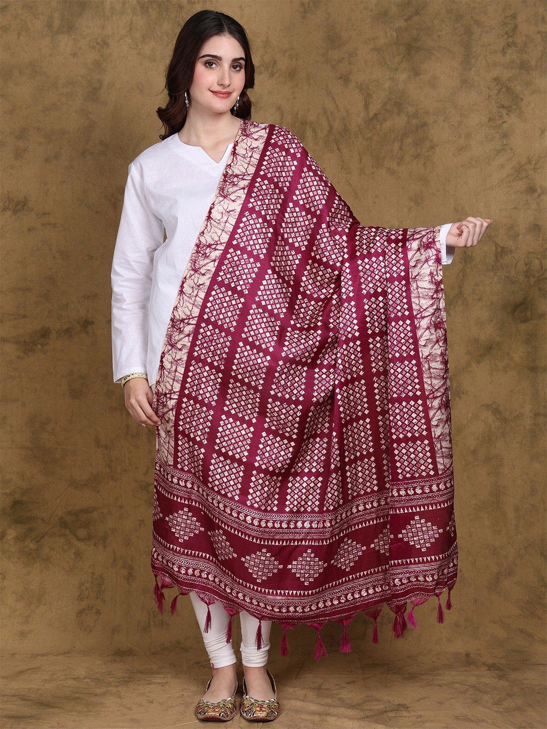 

Exotic India Boysenberry Batik Printed Art Silk Dupatta with Fringes, Pink