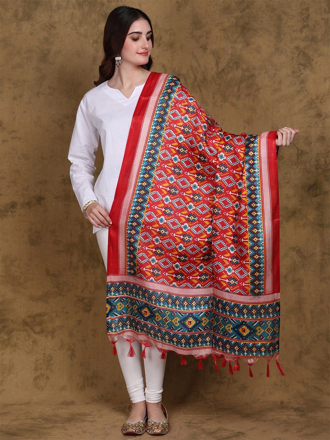 

Exotic India Barbados Cherry Patola Printed Art Silk Dupatta with Fringes, Red