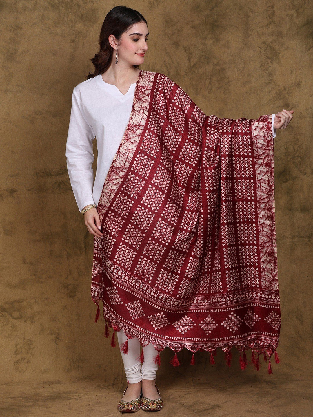 

Exotic India Rumba Red Batik Printed Art Silk Dupatta with Fringes