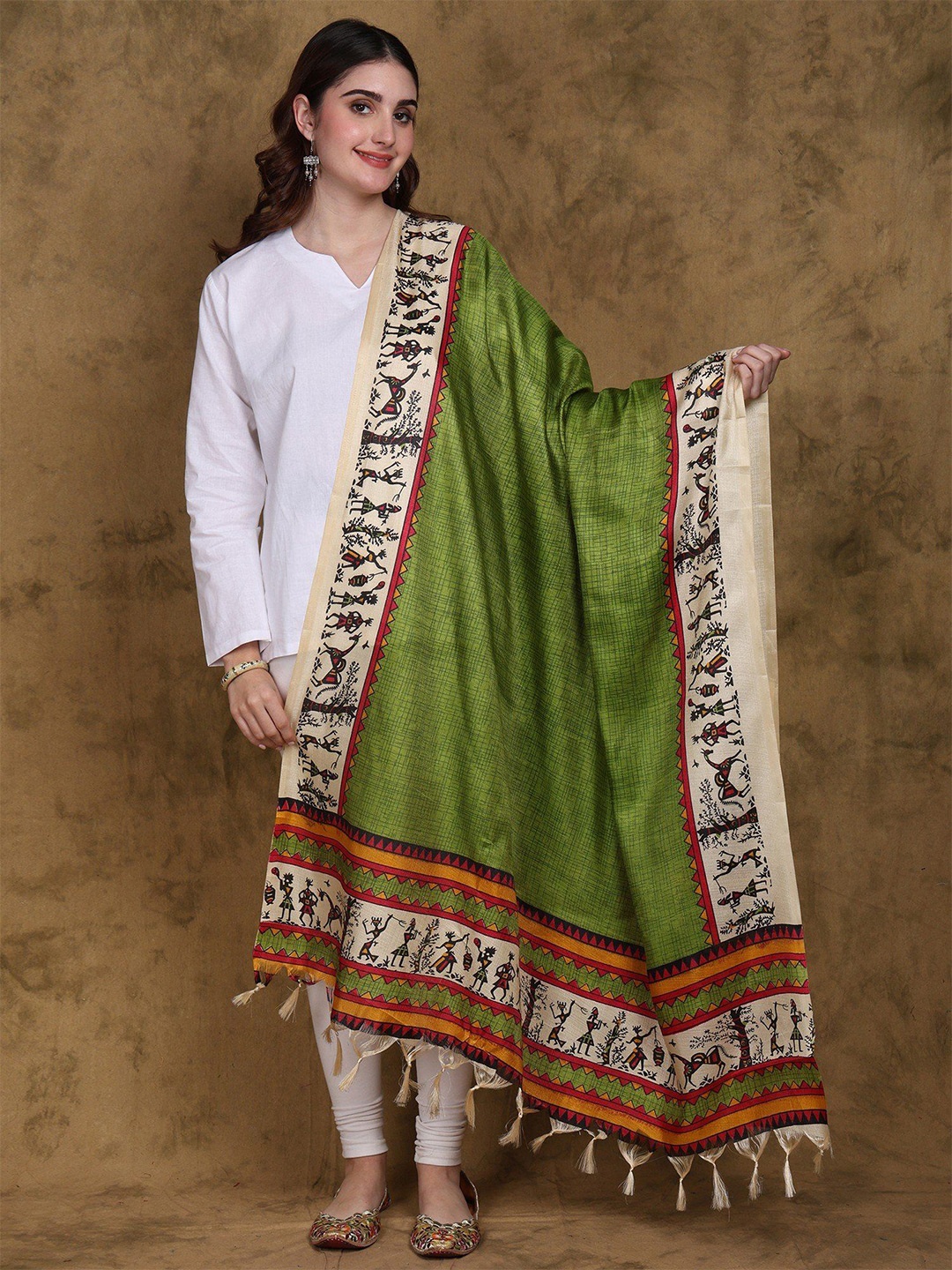 

Exotic India Women Art Silk Dupatta with Warli Art Print Border, Green